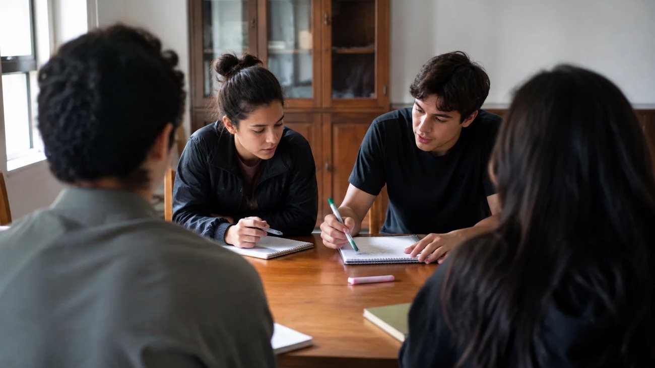 Profissionais reunidos numa sala clara, uma pessoa explicando de pé