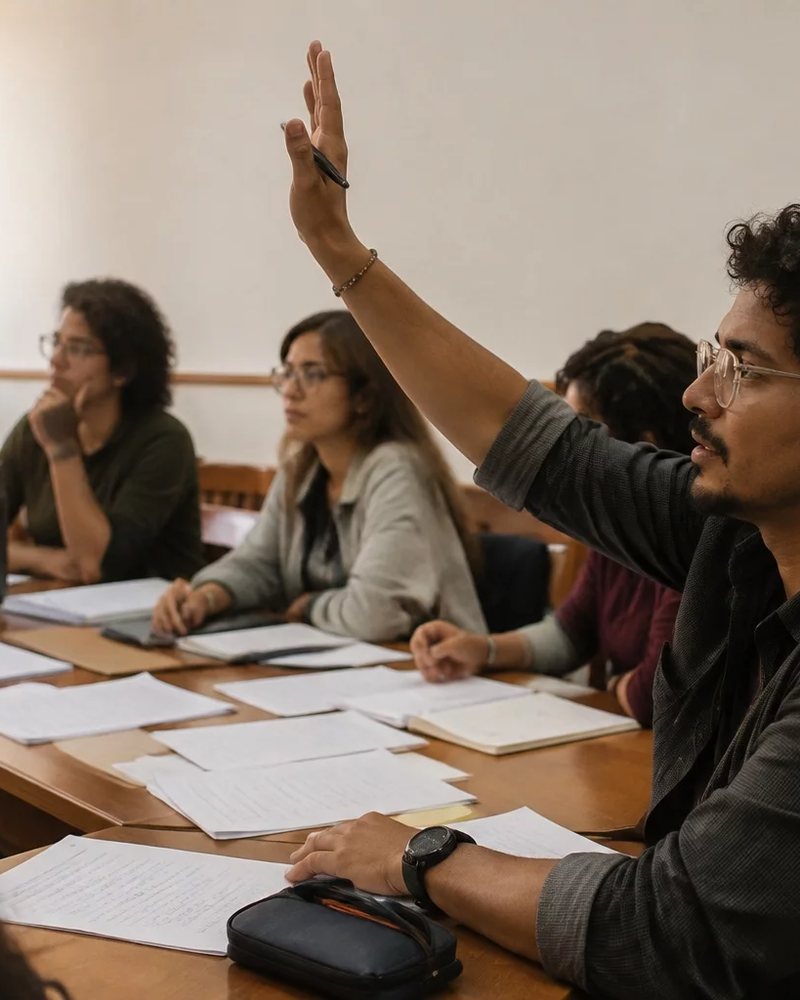 Dupla preparando uma rodada de debate com caderno aberto e canetas marcadoras